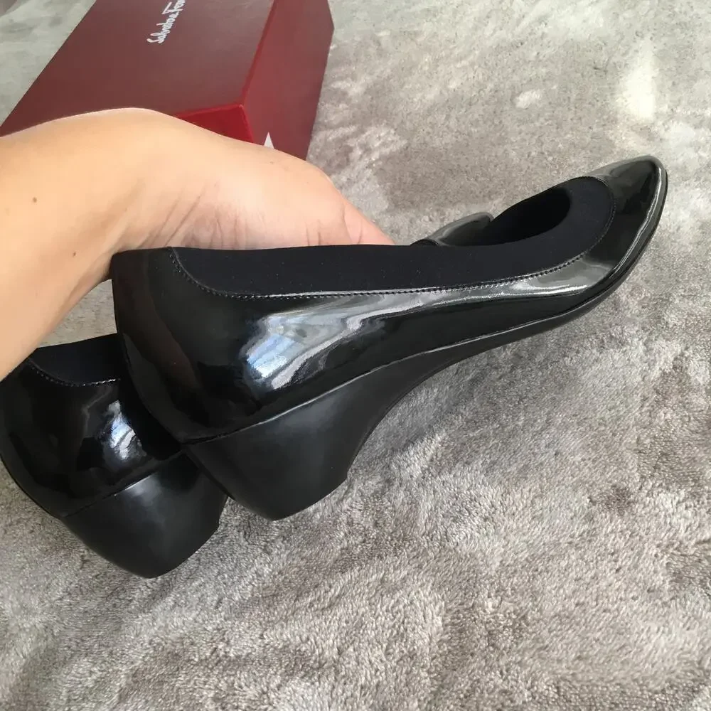 Salvatore Ferragamo Nuria Wedge Black Patent Leather Pumps Size 6 - Picture 9 of 10